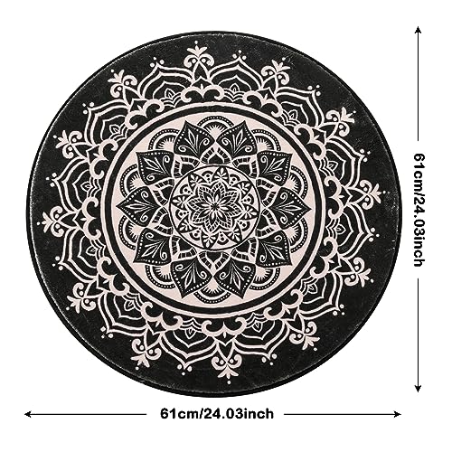 Carvapet 2' Small Round Area Rug Chic Boho Mandala Print Circle Rugs Non Slip Machine Washable Floor Mat Soft Throw Rug for Powder Room Entryway Bathroom Nursery Bedside Floor Decor Black Ivory