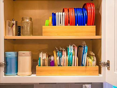 Umilife Large Food Container Lids Organizer for Kitchen Cabinet and Drawer, Bamboo Organizer with 5 Tall Adjustable Dividers, Plastic Lids Organization and Storage