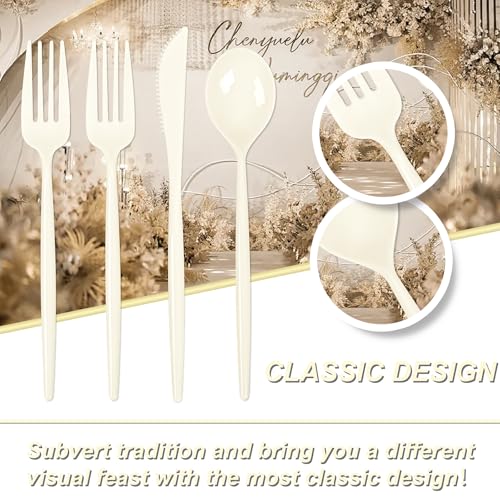 Supernal 180pcs Plastic Silverware Heavy Duty Ivory Plastic Utensils Cutlery Disposable Beige Plastic Cutlery Include 60 Plastic Forks,60 Plastic Knvies,60 Plastic Spoons for Party,Wedding