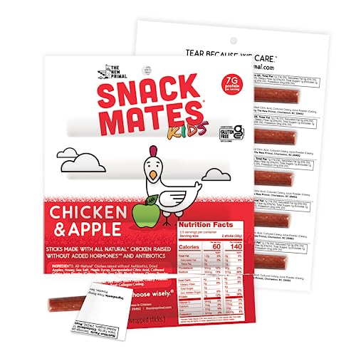 The New Primal Snack Mates Chicken & Apple Sticks, Gluten Free Healthy Snacks for Kids, Low Sugar High Protein Back to School Snacks, Mini Paleo Jerky Meat Stick, 7g Protein, 60 Calories, 10 Pack