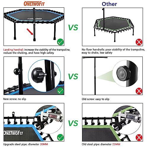 ONETWOFIT 48" Silent Mini Trampoline with Adjustable Handle Bar Fitness Trampoline Bungee Rebounder Jumping Cardio Trainer Workout for Adults Blue