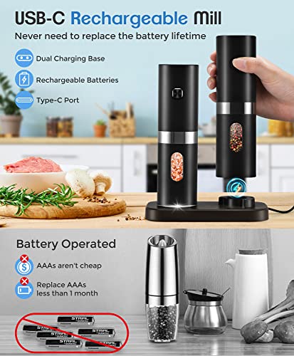 COSYAIREY Electric Salt and Pepper Grinder Set, 2024 New Rechargeable Salt and Pepper Mill with 4*Rechargeable Batteries, Charging Base, White Light, One Hand Automatic Operation, Black, 2Pack