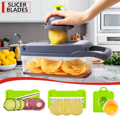 Professional Compact Vegetable Chopper, Chopper Vegetable Cutter, Food Chopper, Veggie Chopper with Container, Vegetable Chopper With Container, Onion Chopper, Mandoline Slicer (9 Inserts) Grey Green