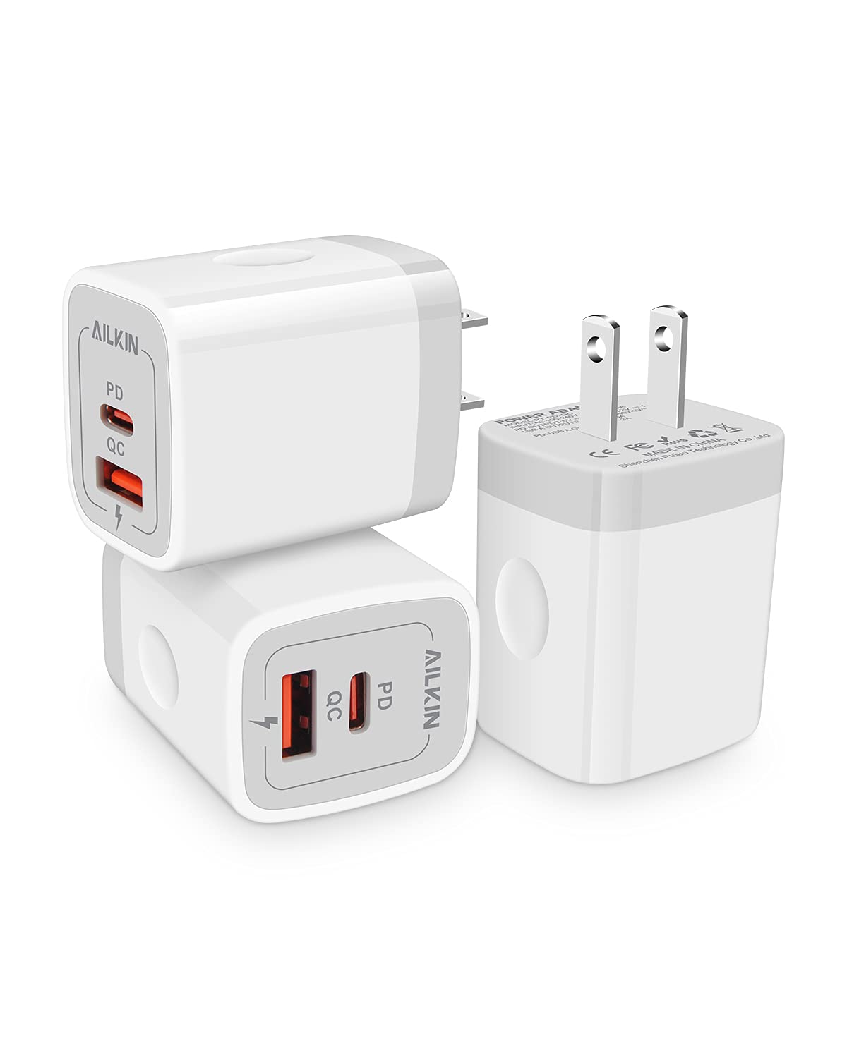 3Pack Dual Port USB-C Wall Plug-in USB Charger, AILKIN 20W Power Delivery + QC3.0 USB A Double Port Fast Charging Block for iPhone 15 14 13 12 Pro Max 14 Pro 12 Mini 16 Pro Max 16 Plus 16 SE X XS Cube