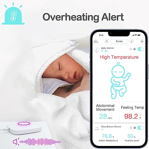 Sense-U Smart Baby Monitor Pro(Long Range)+2K PTZ Camera: Track Abdominal Movement with Arousal Vibration, Rollover, Feeling Temp, 2K Video, Background Sound & Motion Detection, No Monthly Fee