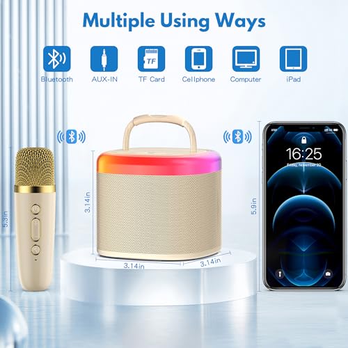 JYX Mini Karaoke Machine - Beige Bluetooth Speaker with Party Lights and 1 Wireless Microphone, Great for Kids and Adults, Ideal for Family Home Parties and Birthday