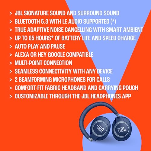 JBL LIVE 770NC - Wireless Over-Ear Headphones with True Adaptive Noise Cancelling with Smart Ambient, Up to 65 hours of battery life, Comfort-fit fabric headband & carrying pouch (Black)