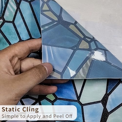 funlife Stained Glass Window Film, Double-Sided Thickened Static Cling Window Films, Non-Adhesive Glass Window Decals Decor for Door Window, 17.7"x118", Blue Cobblestones
