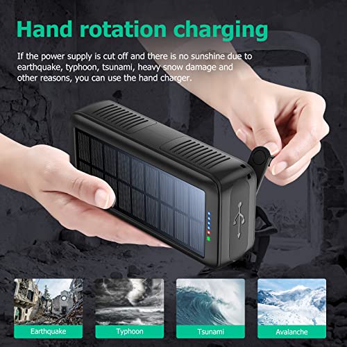 boogostore Solar Charger Power Bank 63200mAh, Portable Charger with Dual Outputs & Dual Inputs 4 LEDs Flashlight, Hand Crank Power Bank Fast Charging Battery Pack for Outdoor Camping Survival Gear