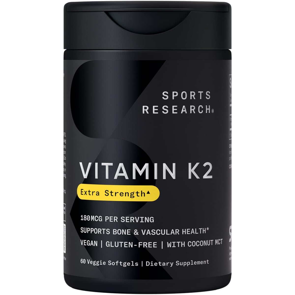 Sports Research Extra Strength Vitamin K2 as MK-7 180mcg with Coconut MCT Oil - 60 Veggie Softgels - Vegan Certified, Non-GMO Verified & Gluten-Free