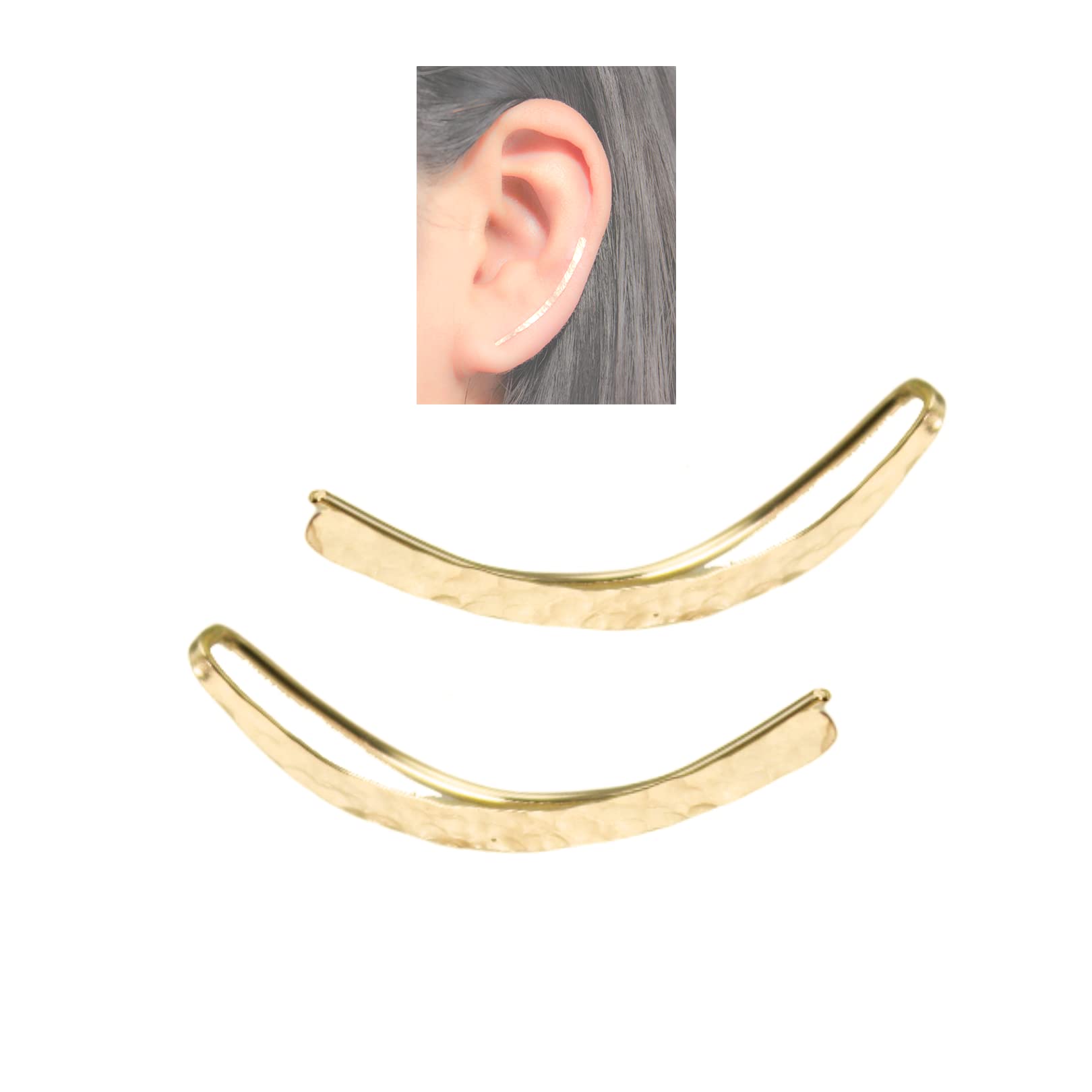 14K Gold Filled Hammered Pair of Ear Climber Earrings, Ear Crawlers, Long Curved Clip On Pins