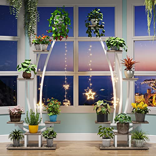 Tribesigns 6-Tier Tall Indoor Plant Stand Pack of 2, Metal Curved Display Shelf with 2 Hanging Hooks, Multi-Purpose Bonsai Flower Pots Plant Rack for Indoor, Garden, Balcony, Living Room