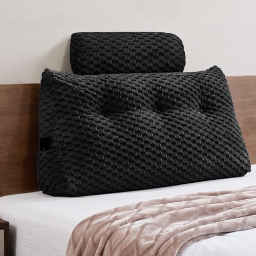 Wedge Headboard Pillow - Bed Wedge Pillow for Headboard Triangular Headboard Pillow with Neck Roll Pillow-Large Bolster Pillow for Sitting in Bed Backrest Positioning Support (Black,39x8x20 Inches)