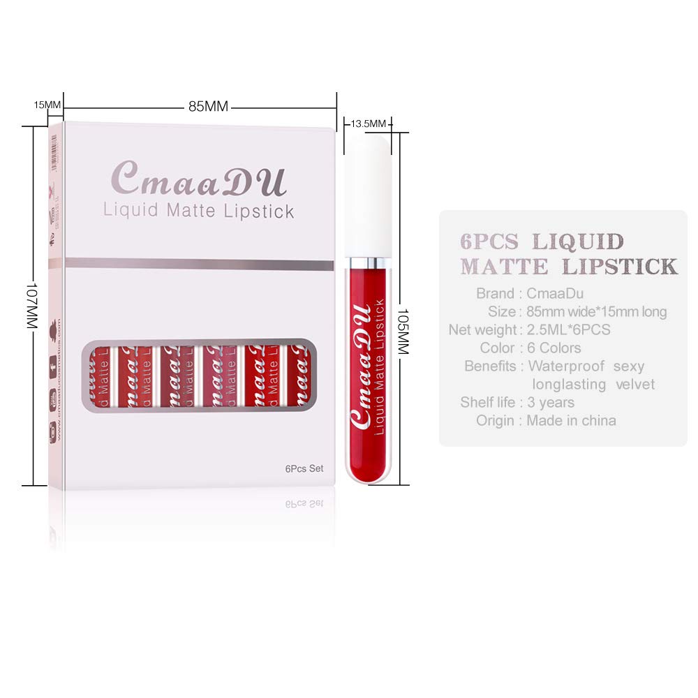 evpct CmaaDu 6Pcs Lipstick Matte Liquid Lipstick Lipgloss Set for Women, Dark Deep Bright Ruby Sexy Brick Red Mauve labiales mate 24 horas originales matte larga duracion 24 Hour Lipstick Long Lasting