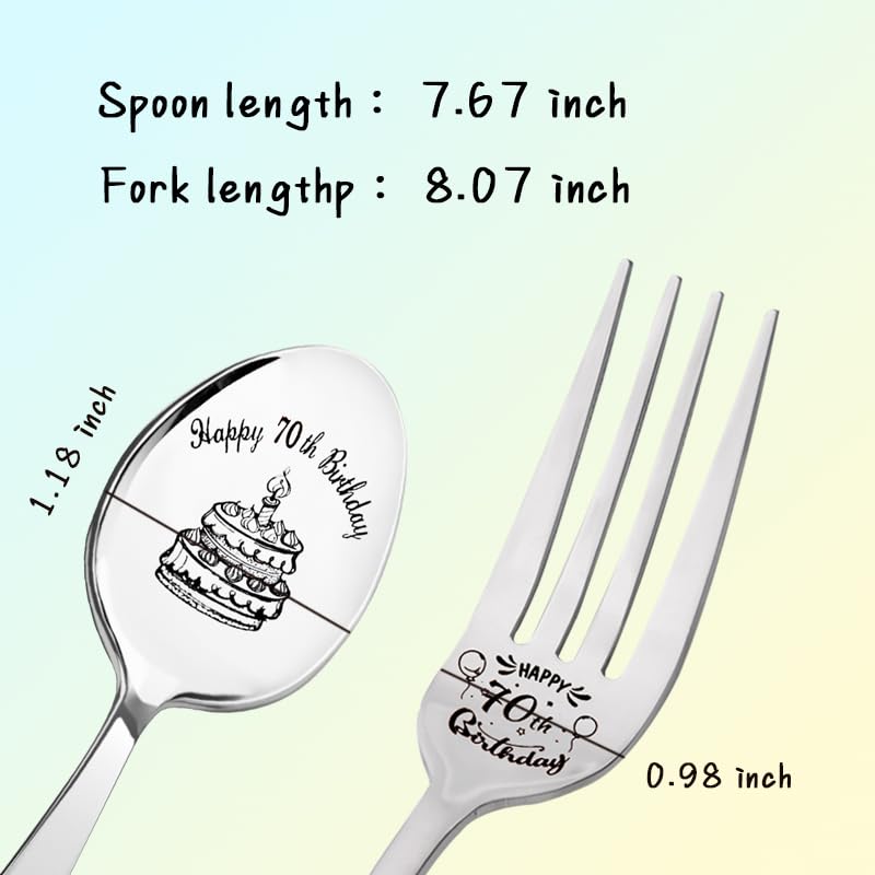 Happy 70th Birthday Gifts for Women Men Funny Cake Spoon and Fork Set 70 Year Old Birthday Gifts for Mom Dad 70 Yr Old Birthday Gifts for Grandma Grandpa Birthday Gifts for Sister Brother Gift Ideas