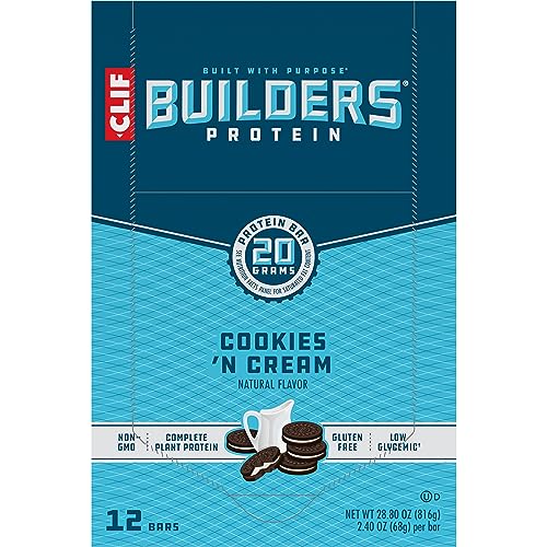 CLIF Builders - Cookies 'n Cream Flavor - Plant Based Protein Bars - Gluten Free - Non-GMO - Low Glycemic - 20g Protein - 2.4 oz. (12 Count)