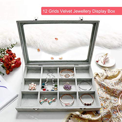 Wudygirl Velvet Jewelry Organizer 2 Layer Jewelry Box Rings Earrings Necklace Organizer Tray Stackable Grid Removable Case Clear Lid（2 Layer）