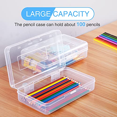 Sooez 6 Pack Clear Pencil Box, Plastic Large Pencil Case with Snap-tight Lid, Hard Crayon Box Bulk Marker Organizer Plastic Containers, Stackable Storage School Supply Box for Craft, Pen