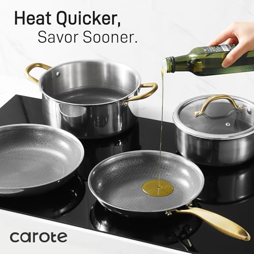 CAROTE Tri-Ply Stainless Steel Cookware Set, 9 Pcs Stainless Steel Pots and Pans Set with Tempered Glass Lids, Stay-Cool Golden Handles, Dishwasher and Oven Safe, California Collection, Cream White