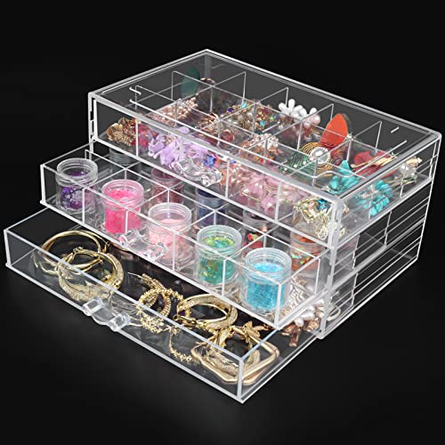 DesignSter Acrylic Jewelry Organizer 3 Drawers Clear Acrylic Jewelry Box for Women Earring Storage Box Transparent Jewelry Display Stand for Crafts Nail-art Trinkets-3 layer