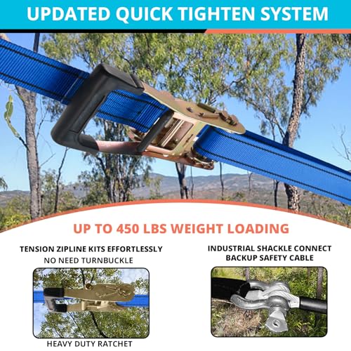 HOKINETY Zip Line Kit for Kids Adults : 76FT Up to 450Lbs - Quick Setup Zipline for Backyard Outdoor with 100% Rust Proof Removable Trolley Ratchet System Swing Seat Safety Belt Spring Brake