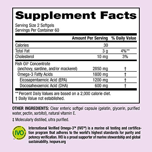 Webber Naturals Triple Strength Omega-3 Fish Oil, 1,800 mg Omega-3 (1,200 mg EPA / 600 mg DHA) per Serving, 120 Clear Enteric Softgels, No Fishy Aftertaste, for Heart, Brain and Joint Health