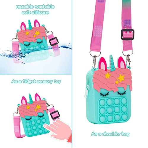 Big Pop Purse, Unicorn Pop Purse for Girl Pop Bag with Unicorn Pop Toy, Shoulder Bag Fidget Toys Pop Fidget Backpack Toy for Kids Backpack Silicone Bag Pop for Xmas Gift Girls