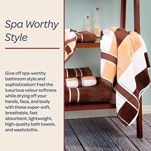 6PC Towel Set - Absorbent Cotton Bathroom Accessories with Bath Towels, Hand Towels, and Wash Cloths - Solid and Striped Bath Sheets by Lavish Home (Brown)