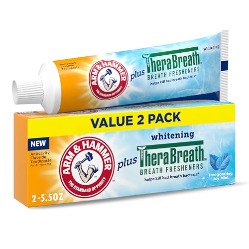 ARM & HAMMER Toothpaste Plus TheraBreath Breath Fresheners, Invigorating ICY Mint Flavor, Whitening Anticavity Fluoride Toothpaste for Bad Breath, 5.5 Oz (Pack of 2)