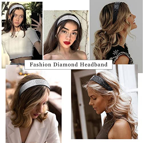 WOVOWOVO 2 Packs Rhinestone Headband for Women Headbands Fashion Silver Bridal Jeweled Crystal Head Bands Bling Diamond Holiday Beaded Hairbands Sparkly Hair Accessories