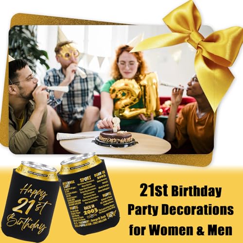 BackURyear 21st Birthday Decorations for Him Her, Birthday Decor for 21 Years Old Boy Girl, 21st Birthday Supplies for Women Men, Back in 2003-21st Birthday Can Cooler Sleeves- 12Pcs Black&Gold