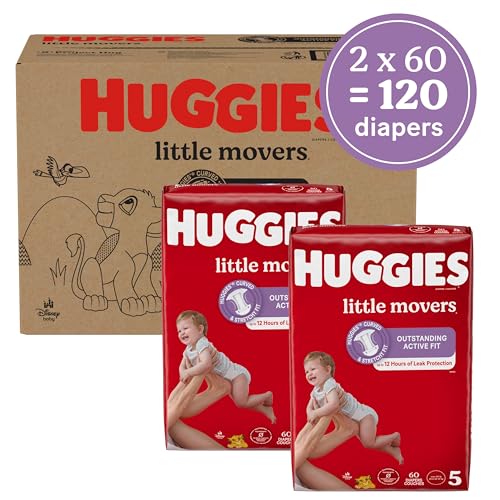 Huggies Size 5 Diapers, Little Movers Baby Diapers, Size 5 (27+ lbs), 120 Count (2 Packs of 60) Package May Vary