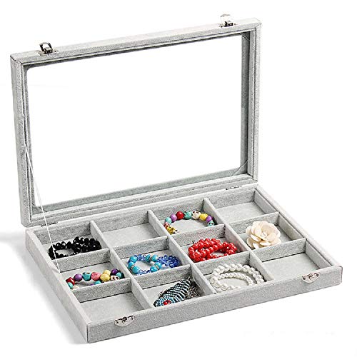 Wudygirl Velvet Jewelry Organizer 2 Layer Jewelry Box Rings Earrings Necklace Organizer Tray Stackable Grid Removable Case Clear Lid（2 Layer）