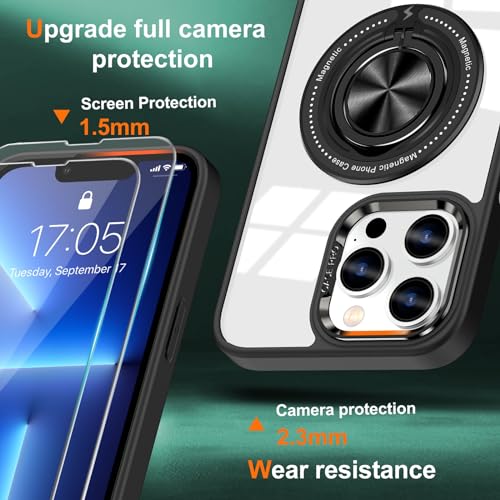 Urarssa Magnetic for iPhone 13 Pro Case with 360° Ring Holder Kickstand [Compatible with MagSafe][2Pcs Screen Protector] Clear Shockproof Drop Protection Phone Case Cover for iPhone 13 Pro, Blue