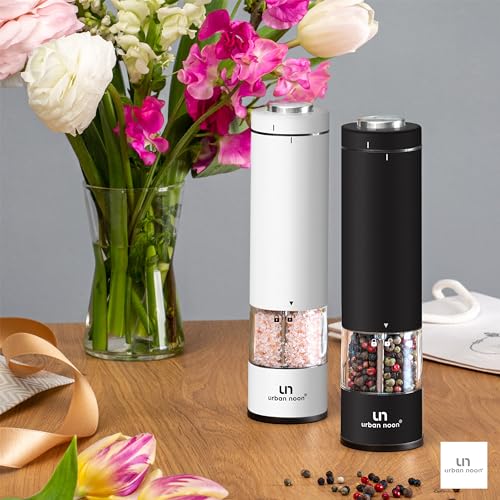 Electric Salt and Pepper Grinder Set - Battery Operated Stainless Steel Mills (1 Black Pepper Grinder + 1 White Salt Grinder) Automatic One Handed Operation Electronic Adjustable Ceramic Grinders