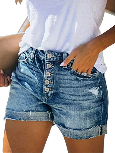 Women Jean Shorts Casual Summer Frayed Hemming Hot Denim Shorts with 5 Pockets Light Blue Large