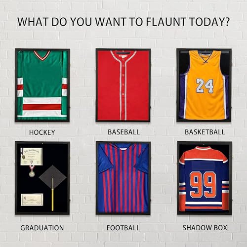 Large Jersey Frame Display Case, 26x37 Lockable Shadow Box Sports Jersey Frame with 98% UV Protection Acrylic and Metal Hanger for Baseball Basketball Football Soccer Hockey XXL Shirt, Linen Black
