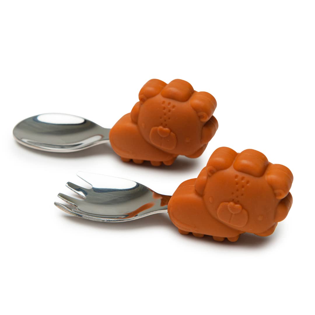 Loulou Lollipop Toddler Silicone Suction Snack Plate, Learning Fork and Spoon Set (Lion)