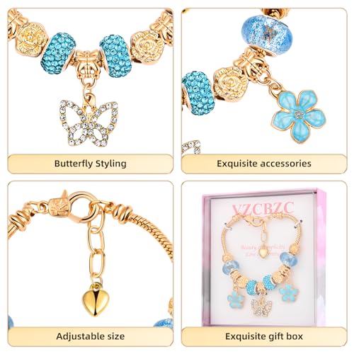 Charm Bracelet for women Christmas Gifts, with Crystal and Heart Shape Glass Beads Sliver CZ Cross Snake Chain Bracelet, Trendy Charm Bracelet Jewelry Gifts for Women(blue)