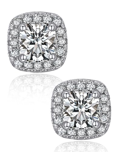 MomentWish Cushion Cut Earrings, 1.16Carat Moissanite Stud Earrings for Women, D Color VVS1 Simulated Diamond 925 Sterling Silver Halo Earrings