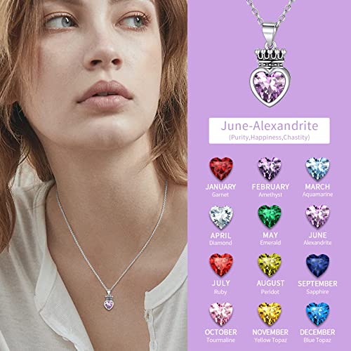 ChicSilver 925 Sterling Silver Princess Queen Crown Necklace for Women September Birthstone Jewelry Created Sapphire Crystal Heart Necklace Valentine's Day Birthday Gift for Her