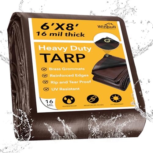 Winpull Tarp 6x8FT, 16 Mil Heavy Duty Large Tarps, Waterproof Tarp with Brass Grommets and Reinforced Edges, UV Resistant, Tear&Fade Resistant Poly Tarp for Outdoor Camping Pool Car Tent