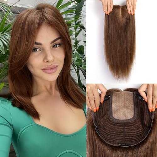 starluck 16 inch Hair Toppers for Women 9"*9" Large Base Honey Brown Real Human Hair Topper No Bangs Hair Toppers for Women with Thinning Hair Cover Grey Hair Roots Add Volume