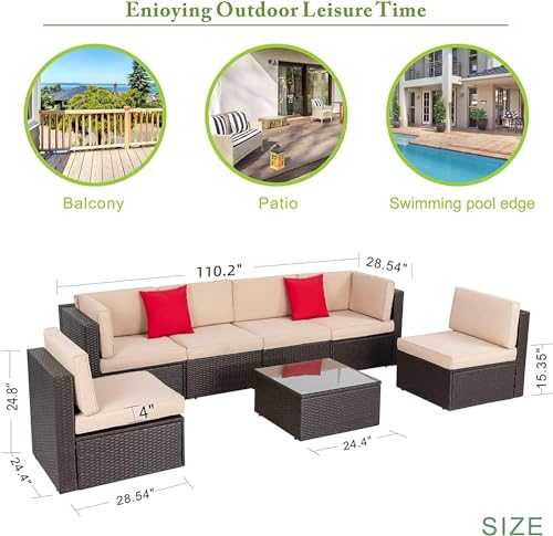 Vongrasig 7 Pieces Outdoor Patio Furniture Sets, Outdoor Sectional Rattan Sofa, PE Manual Weaving Wicker Patio Conversation Set with Cushion, Glass Table, Red Pillow (Beige)