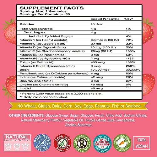 VEGEPOWER Biotin 10000mcg Hair Growth Gummies - Vegan Biotin Supplement Supports Healthy Hair, Skin and Nails, Non-GMO Hair Vitamin Gummy for Women Men Strawberry 60 Bears