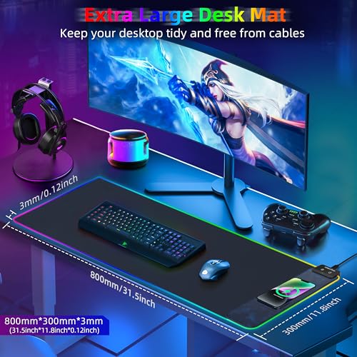 RGB Gaming Mouse Pad with Wireless Charging 10W - 31.5"x11.8" X-Large Desk Mat for Laptop/PC/Keyboard, 9 Light Modes, Non-Slip Rubber Base, Waterproof, Black