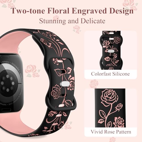 Maledan Fancy Engraved Band Compatible with Apple Watch Bands Women 42mm 44mm 49/45mm, Two-tone Silicone Elegant Rose Flower Pattern Sport Strap for iWatch Series 9 8 SE 7 6 5 4 3 2 1 Ultra Wine Red
