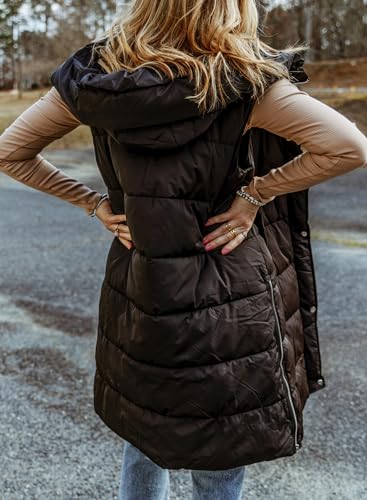 EVALESS Womens Casual Long Puffer Vest Quilted Hooded Sleeveless Zip Up Jacket Down Vest Winter Warm Lightweight Gilet Coat Outerwear with Pockets Black Small