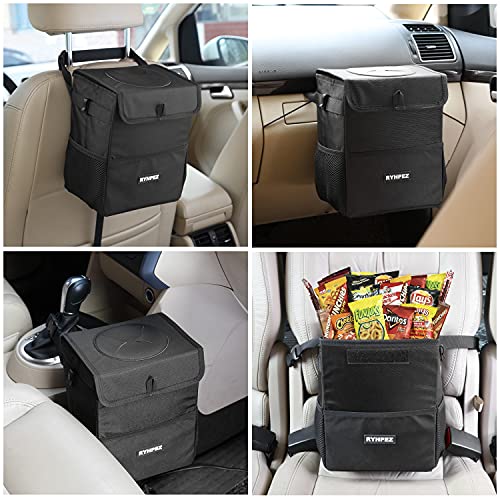 Ryhpez Car Trash Can with Lid - Car Trash Bag Hanging with Storage Pockets, Leakproof Collapsible Garbage Can with Solid Structure Support (Upgraded Version)