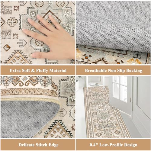 Pauwer Runner Rug 2x6 Non-Slip Washable Low-Pile Accent Rug, Vintage Distressed Throw Carpet, Hallway Kitchen Mat Non-Shedding, Living Room Entryway Foyer Bedroom Area Rug(Beige, 2'x6' Ft)